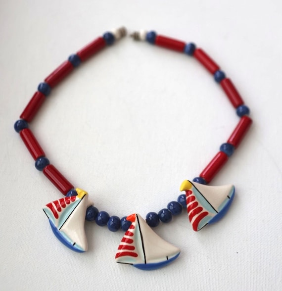 Vintage Flying Colors Ceramic Sailboat Necklace