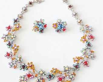 Vintage Aurora Borealis Rhinestone Necklace & Earring Set – Mid-Century Rainbow Floral Sparkle
