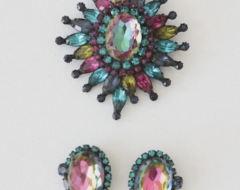 Signed Vintage Multicolor Hattie Carnegie Brooch + Earrings