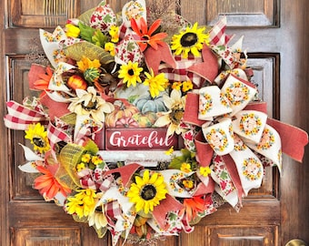 Harvest Fall Wreath - Rustic Autumn Door Decor with Pumpkins & Sunflowers