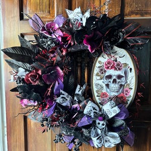 Gothic Skull Wreath - Dark Halloween Door Decor with Black Roses & Lace Accents