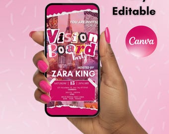 May include: A smartphone displays a pink Vision Board Party invitation. The invitation includes the text "Vision Board Party" and "Hosted by Zara King." The phone is held by a person with pink nail polish. The background is pink with white lines.