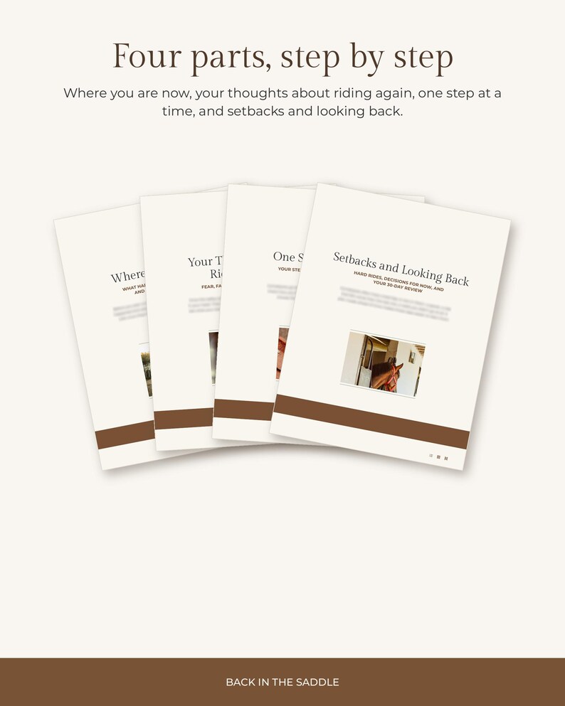 K&ouml;nnte beinhalten: Vier wei&szlig;e Dokumentenseiten mit der &Uuml;berschrift Four parts, step by step, die Text und kleine Bilder von Pferden enthalten. Jede Seite hat einen braunen horizontalen Streifen am unteren Rand. Der Text enth&auml;lt &Uuml;berschriften wie Setbacks and Looking Back.