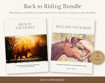 Può includere: Un pacchetto Back to Riding Bundle che include due quaderni di esercizi intitolati Back in the Saddle e Reclaim Your Ride. Le copertine mostrano immagini equestri, tra cui la sagoma di un cavaliere e un cavallo, con un distintivo dorato 2 Guides.