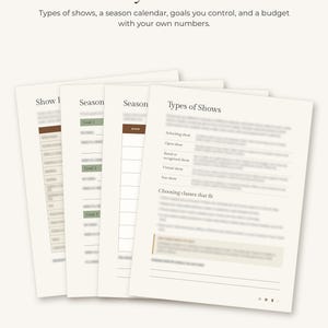 Puede incluir: Un conjunto de cuatro hojas de planificaci&oacute;n blancas tituladas Plan your season, que incluyen secciones para Types of Shows, calendarios de temporada, objetivos y seguimiento de presupuesto con detalles en marr&oacute;n y verde salvia.
