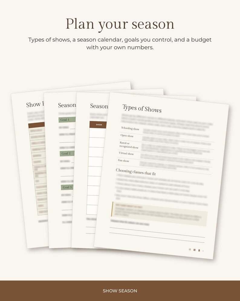 Puede incluir: Un conjunto de cuatro hojas de planificaci&oacute;n blancas tituladas Plan your season, que incluyen secciones para Types of Shows, calendarios de temporada, objetivos y seguimiento de presupuesto con detalles en marr&oacute;n y verde salvia.