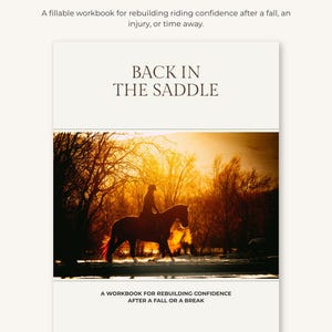 K&ouml;nnte beinhalten: Ein ausf&uuml;llbares Arbeitsbuch mit dem Titel Back in the Saddle und einem Titelbild, das die Silhouette einer Person auf einem Pferd bei goldenem Sonnenuntergang zeigt. Der Text lautet Back in the Saddle und A workbook for rebuilding confidence.