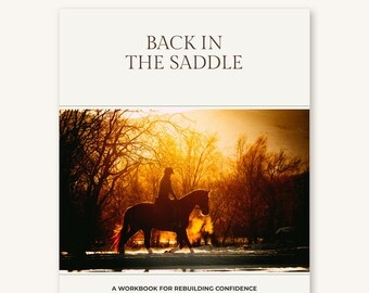 Può includere: Un quaderno di esercizi compilabile intitolato Back in the Saddle con un'immagine di copertina che mostra la silhouette di una persona a cavallo durante un tramonto dorato. Il testo recita Back in the Saddle e A workbook for rebuilding confidence.