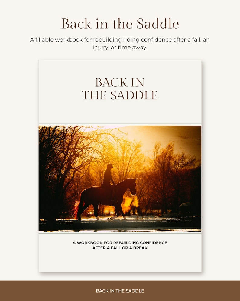K&ouml;nnte beinhalten: Ein ausf&uuml;llbares Arbeitsbuch mit dem Titel Back in the Saddle und einem Titelbild, das die Silhouette einer Person auf einem Pferd bei goldenem Sonnenuntergang zeigt. Der Text lautet Back in the Saddle und A workbook for rebuilding confidence.
