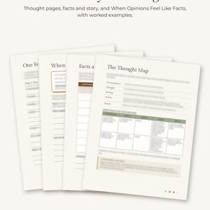 K&ouml;nnte beinhalten: Ein Satz gedruckter Arbeitsbl&auml;tter mit dem Titel Work with your thoughts, mit Abschnitten f&uuml;r Thought pages, facts and story, When Opinions Feel Like Facts und The Thought Map. Die Seiten enthalten strukturierte Tabellen und Zeilen.