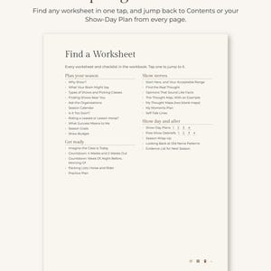 Puede incluir: Una p&aacute;gina de libro de trabajo digital titulada Find a Worksheet con secciones para Plan your season, Get ready, Show nerves y Show day and after. La p&aacute;gina incluye un encabezado Tap to get around y un pie de p&aacute;gina SHOW SEASON.