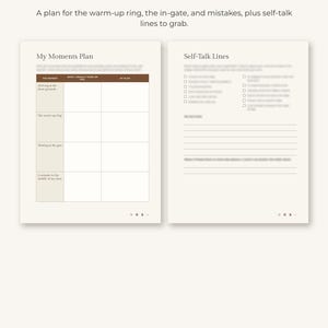 Puede incluir: Un planificador imprimible de dos p&aacute;ginas titulado Plan the hard moments, que presenta una tabla My Moments Plan para pistas de calentamiento y recintos feriales, y una p&aacute;gina Self-Talk Lines con casillas y secciones rayadas.