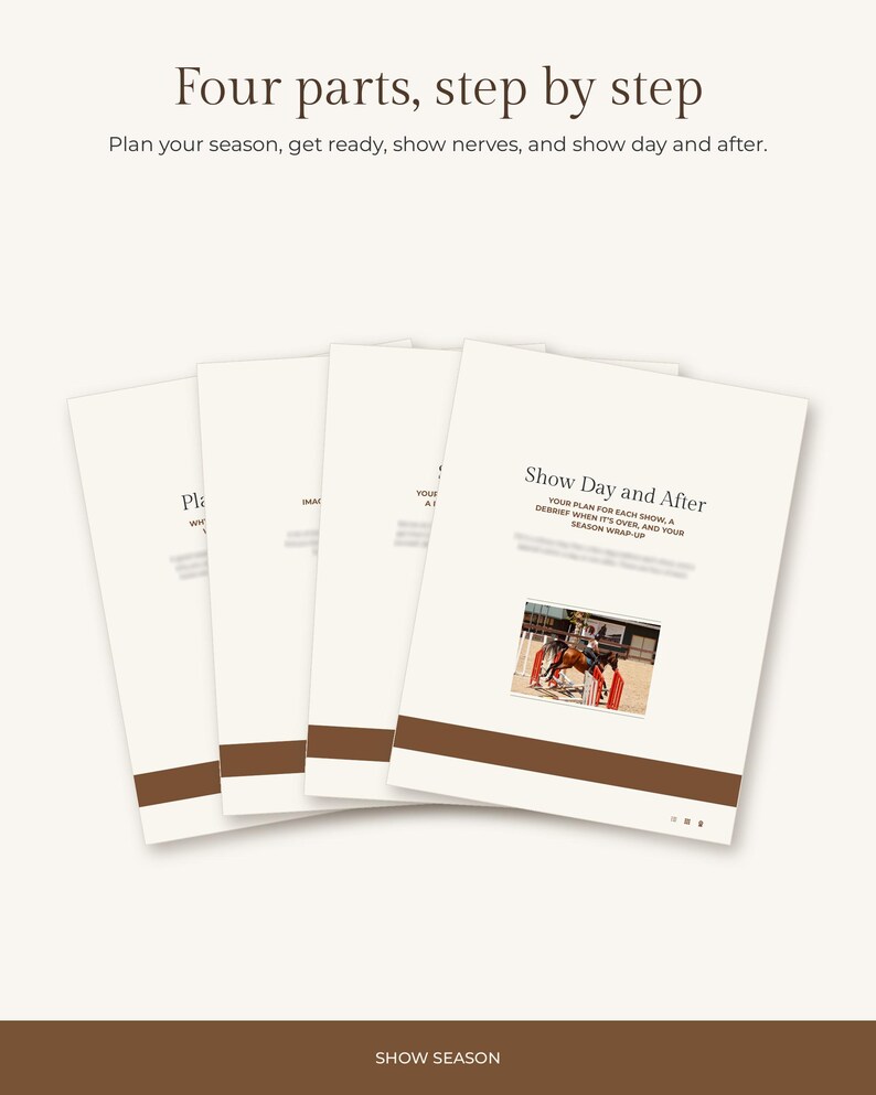 Puede incluir: Un conjunto de cuatro documentos informativos blancos titulados Four parts, step by step, con el subt&iacute;tulo Plan your season, get ready, show nerves, and show day and after. Cada p&aacute;gina presenta barras horizontales marrones.