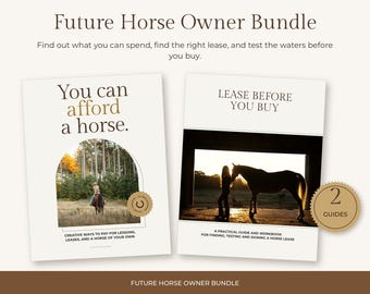 Può includere: Un pacchetto Future Horse Owner Bundle che include due guide. La prima guida è intitolata You can afford a horse e mostra una persona a cavallo in un campo. La seconda guida è intitolata Lease Before You Buy e mostra la sagoma di una persona e di un cavallo nell'apertura di una stalla.