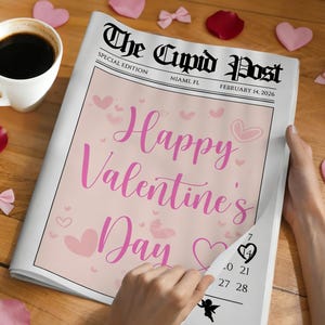 Peut inclure: Un journal intitul&eacute; "The Cupid Post" avec le titre "Happy Valentine's Day" en script rose. Le journal est entour&eacute; de c&oelig;urs roses, de p&eacute;tales de rose, de n&oelig;uds et d'une tasse de caf&eacute; sur une surface en bois.