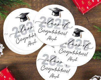 Graduation Party Favor Stickers, Personalized Congrats Labels, Custom Name Round Stickers, Class of 2025 Gift Tags, Graduation Decorations