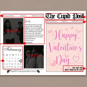 Peut inclure: Impression de style journal pour la Saint-Valentin avec des photos, un calendrier et du texte. Le titre est "The Cupid Post". Le texte principal dit "Happy Valentine's Day" et "You are the best thing in my life."