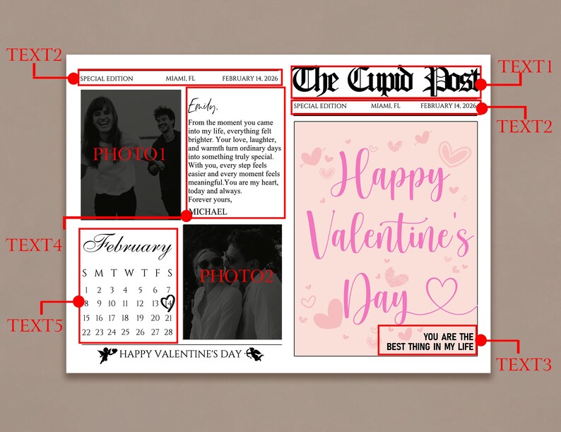 Peut inclure: Impression de style journal pour la Saint-Valentin avec des photos, un calendrier et du texte. Le titre est "The Cupid Post". Le texte principal dit "Happy Valentine's Day" et "You are the best thing in my life."