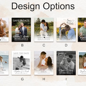May include: A collection of ten "Save the Date" cards with various couple photos. Each card features a different design, with names, dates, and locations. The cards are rectangular and professionally printed, ideal for wedding announcements.