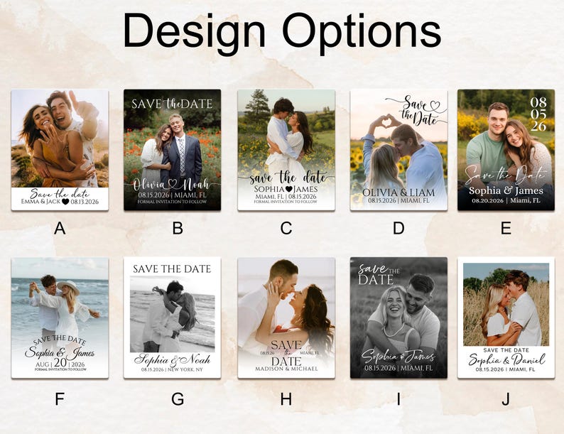 May include: A collection of ten "Save the Date" cards with various couple photos. Each card features a different design, with names, dates, and locations. The cards are rectangular and professionally printed, ideal for wedding announcements.