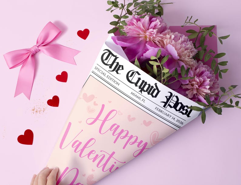 Peut inclure: Un bouquet de pivoines roses envelopp&eacute; dans un c&ocirc;ne en forme de journal avec le titre "The Cupid Post" et le texte "Happy Valentine's Day". L'arrangement comprend un n&oelig;ud rose et des confettis en forme de c&oelig;ur rouges sur fond rose.