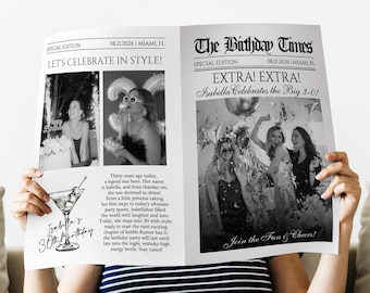 Birthday Save the Date Newspaper with Photo/Editable Newspaper Birthday Invitations/30th Martini Birthday Party Decor/Quinceañera Newspaper