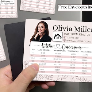 May include: A magnetic kitchen conversion chart featuring a realtor's contact information and a conversion table for cups, fluid ounces, tablespoons, teaspoons, and milliliters. The chart has a floral design and the text "Kitchen Conversions".