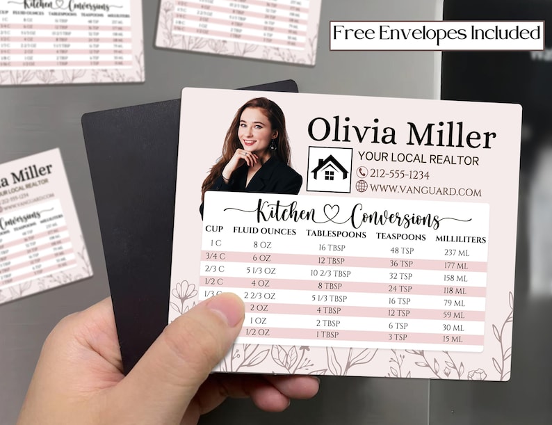 May include: A magnetic kitchen conversion chart featuring a realtor's contact information and a conversion table for cups, fluid ounces, tablespoons, teaspoons, and milliliters. The chart has a floral design and the text "Kitchen Conversions".