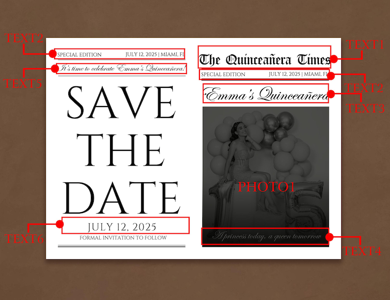 May include: A black and white invitation for Emma's Quincea&ntilde;era, featuring the headline "SAVE THE DATE" in large, bold letters. The date is July 12, 2025, with the text "Formal invitation to follow." The Quincea&ntilde;era Times is also featured.