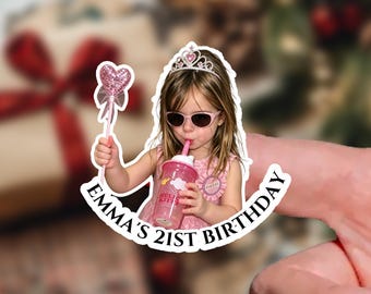 Autocollants d'anniversaire personnalisés avec découpe photo, autocollants découpés à la forme, autocollants pour 21 ans, étiquettes cadeaux pour anniversaire et baby shower