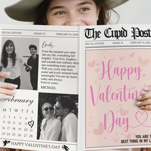 Peut inclure: Un cadeau de Saint-Valentin en forme de journal. La page de gauche pr&eacute;sente des photos et une lettre d'amour, la page de droite dit "Joyeuse Saint-Valentin" avec des c&oelig;urs. Le journal est dat&eacute; du 14 f&eacute;vrier 2026.