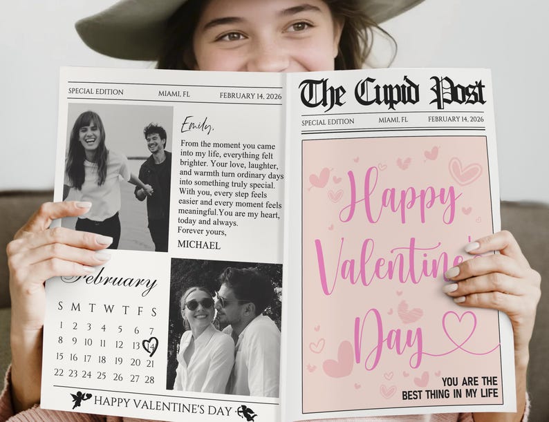 Peut inclure: Un cadeau de Saint-Valentin en forme de journal. La page de gauche pr&eacute;sente des photos et une lettre d'amour, la page de droite dit "Joyeuse Saint-Valentin" avec des c&oelig;urs. Le journal est dat&eacute; du 14 f&eacute;vrier 2026.