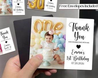 Custom 1st Birthday Photo Magnet Favor with Free Envelope, Baby Birthday Thank You Gifts, Milestone Birthday Keepsake, Bday Party Invitation