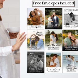 May include: A collection of "Save the Date" cards with various couple photos. The cards feature text with names and dates, with the phrase "Free Envelopes Included" at the top. The cards are displayed on a white surface.