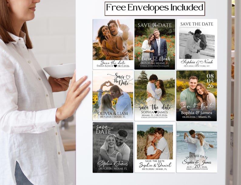 May include: A collection of "Save the Date" cards with various couple photos. The cards feature text with names and dates, with the phrase "Free Envelopes Included" at the top. The cards are displayed on a white surface.