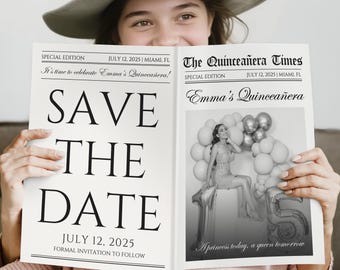 Save the Date Newspaper for Quinceañera Parties/Mis Quince Años Printed Newspaper/Quinceanera Gifts/Sweet 16 Party Favors/Quinceañera Invite