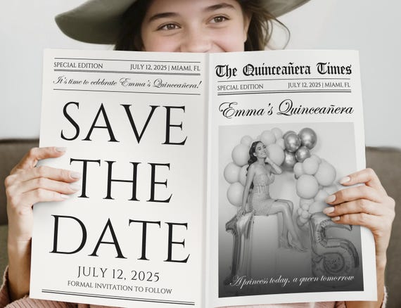 Save the Date Newspaper for Quinceañera Parties/Mis Quince Años Printed Newspaper/Quinceanera Gifts/Sweet 16 Party Favors/Quinceañera Invite