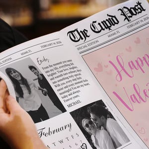 Peut inclure: Un journal intitul&eacute; "The Cupid Post" avec le titre "Happy Valentine's Day" en rose. Le journal comprend des photos et une lettre d'amour. La date sur le journal est le 14 f&eacute;vrier 2026.