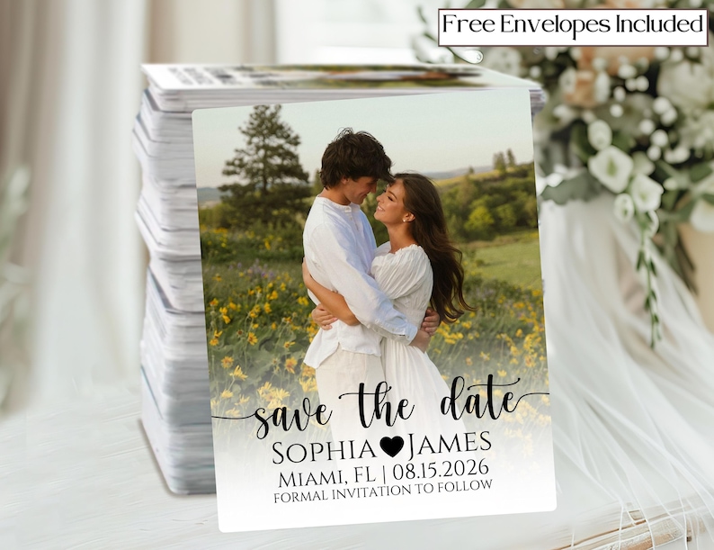May include: A stack of save-the-date cards featuring a couple embracing in a field of yellow flowers. The cards have the text "save the date" with the names Sophia and James, Miami, FL, and the date 08.15.2026. The cards include free envelopes.