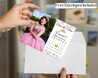 May include: A Quinceañera save-the-date card with a photo of a young woman in a pink gown and tiara. The card includes a calendar with the date highlighted, and the text "Save the Date Emma's Quinceañera". The card is held with a white envelope.