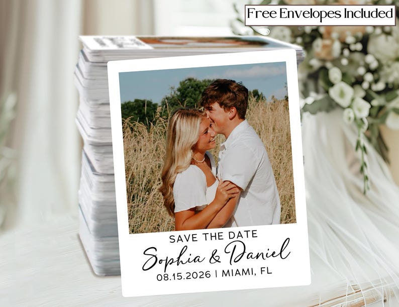 May include: A stack of white Save the Date cards with a photo of a couple. The cards have the text "SAVE THE DATE" and the names "Sophia & Daniel" with the date "08.15.2026 | MIAMI, FL". The words "Free Envelopes Included" are at the top.