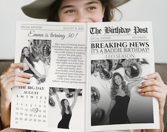 Calendar Birthday Newspaper Save the Date, Baddie Birthday Newspaper Favor, Gift for Best Friend, Bestie Gifts, Editable Birthday Invitation