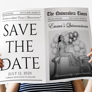 May include: A newspaper-style invitation for Emma's Quincea&ntilde;era, featuring the headline "SAVE THE DATE" in large, bold letters. The date is July 12, 2025, with a formal invitation to follow. The newspaper also includes a photo of Emma.