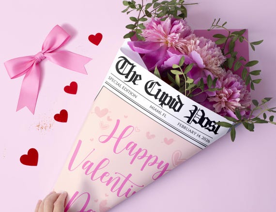 Valentine’s Day Newspaper Bouquet Wrap, Custom Printed & Shipped Newspaper, Valentine Gift, Boyfriend Gift, Girlfriend Gift, Valentine Card