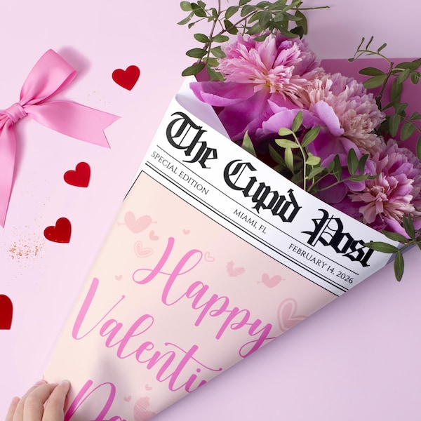 Valentine’s Day Newspaper Bouquet Wrap, Custom Printed & Shipped Newspaper, Valentine Gift, Boyfriend Gift, Girlfriend Gift, Valentine Card