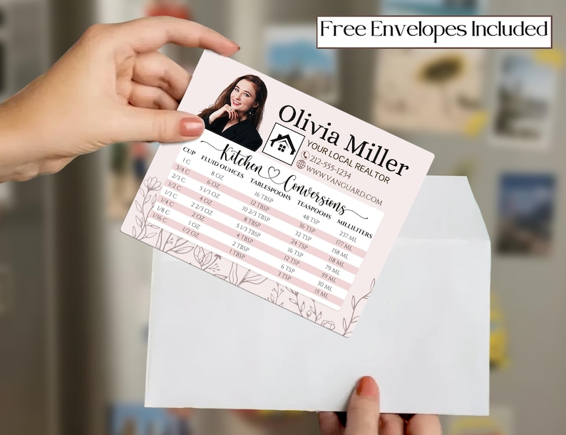 May include: A light pink kitchen conversion chart with floral accents and the text "Olivia Miller, Your Local Realtor." The chart includes cup, fluid ounces, tablespoons, teaspoons, and milliliters. The image also includes a white envelope and the text "Free Envelopes Included."
