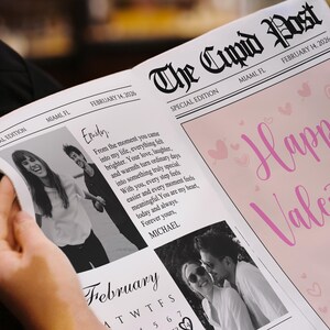 Peut inclure: Un journal intitul&eacute; "The Cupid Post" avec le titre "Happy Valentine's Day" en rose. Le journal comprend des photos et une lettre d'amour. La date sur le journal est le 14 f&eacute;vrier 2026.