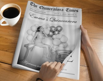 Quinceañera Save the Date Newspaper W/ Photo, Editable Invitation for Quince Photoshoot, Personalized Mis 15 Sweet 16 Announcement Newspaper