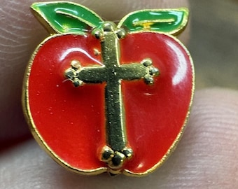 Pin de solapa esmaltado con cruz cristiana de manzana roja vintage para profesor