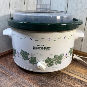 Vintage Rival Crock Pot 4 QT Stengods Långkokare Druvblad Tryck
